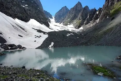 Milky white Abudelauri lake below snowy rock walls