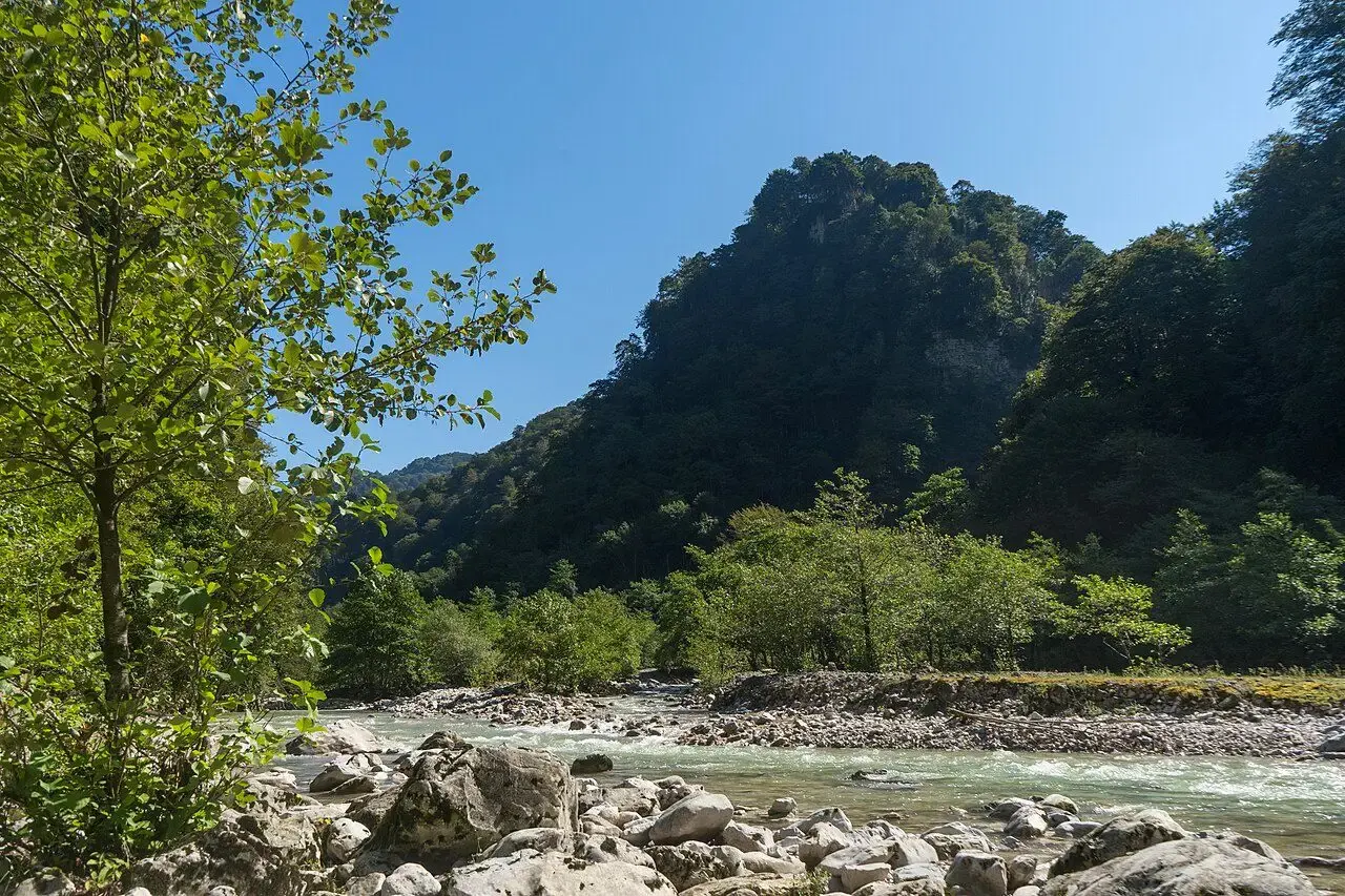 Rocky river bed below forested hills at Balda Canyon