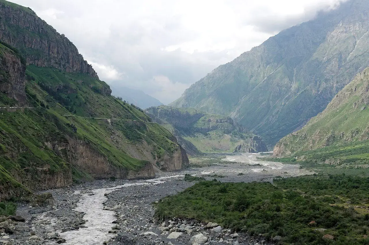 The Terek river flowing through the steep Darial gorge