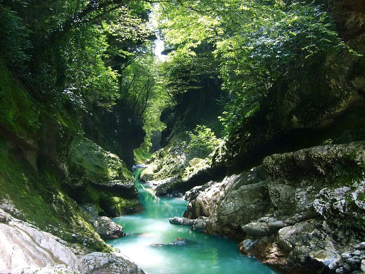 Turquoise river between mossy walls in Martvili Canyon