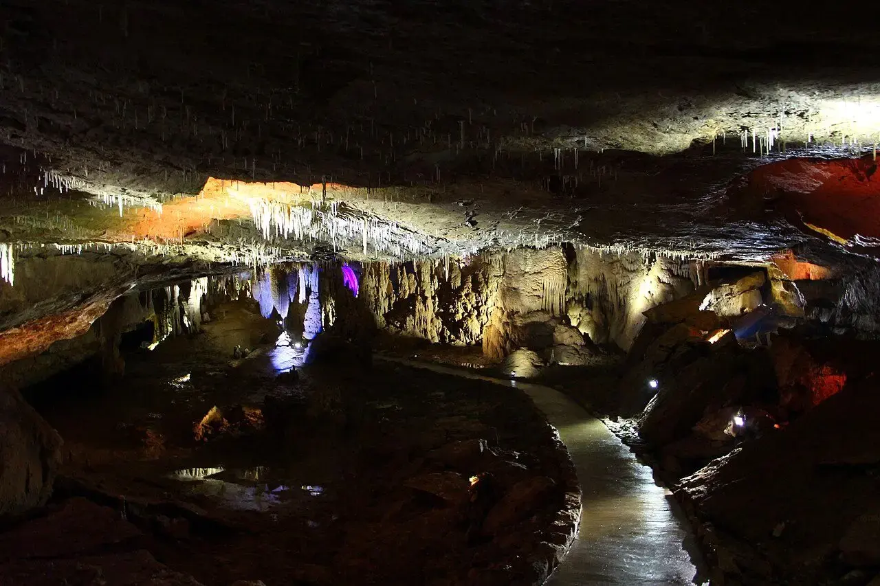 Illuminated stalactites inside Prometheus Cave